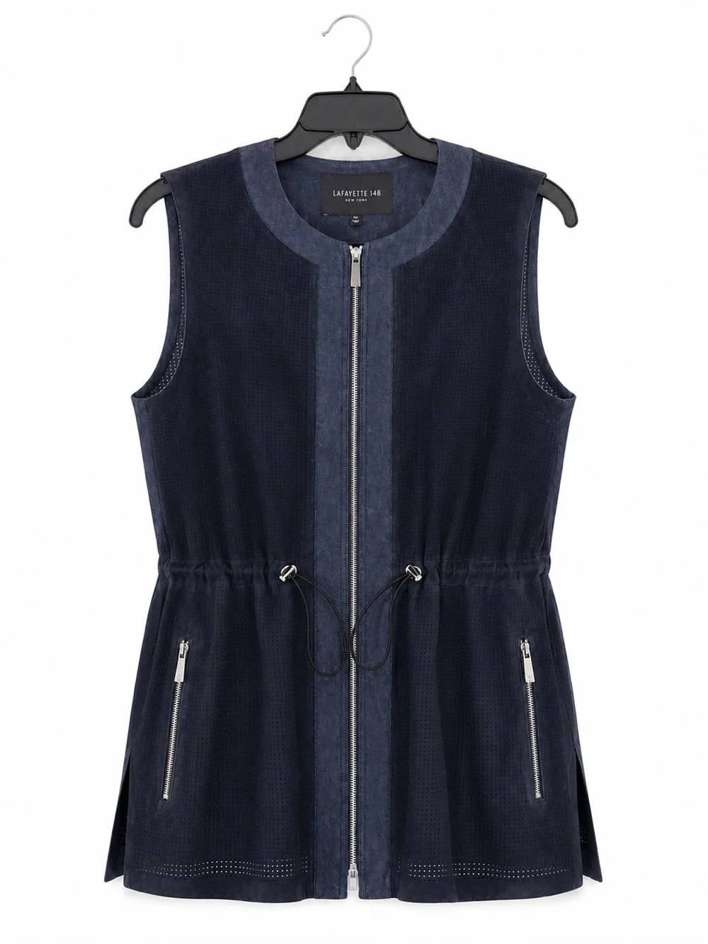 Lafayette 148 NY Perforated Suede Zip Utility Vest XL Navy Drawstring Jacket